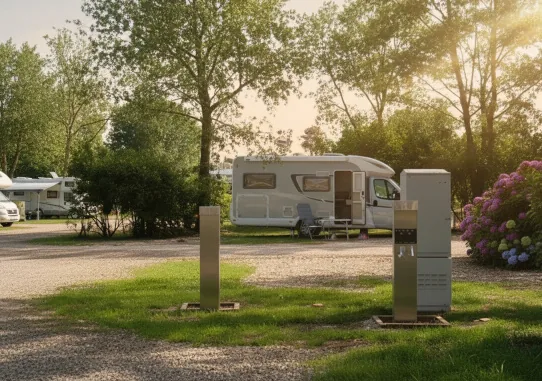 Camptec Versorgungssäulen auf einem Campingplatz im Abendlicht